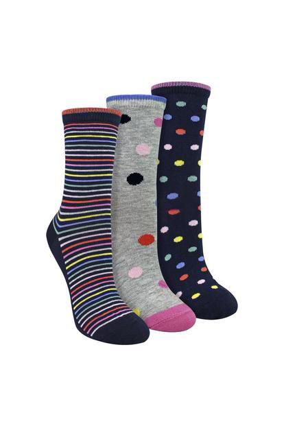 Multi 3 Pairs Ladies Spots And Stripe Patterned Socks- Soft Cotton Rich Everyday Socks