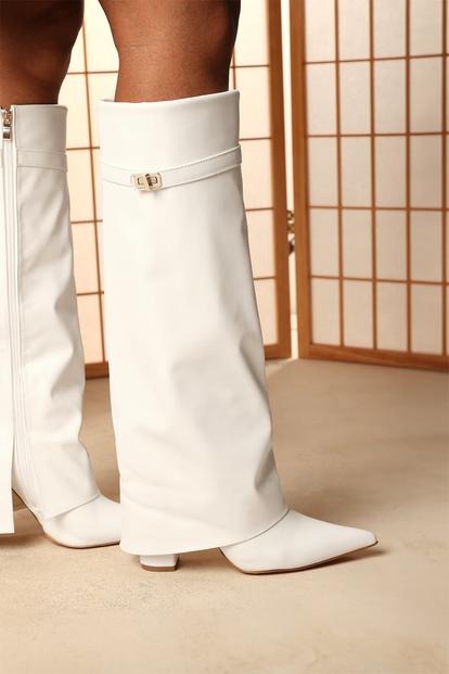 Black Keira Fold Over Shark Block Heel Point Toe Boots
