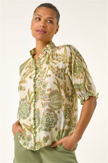 Green Floral Print Trim Detail Blouse