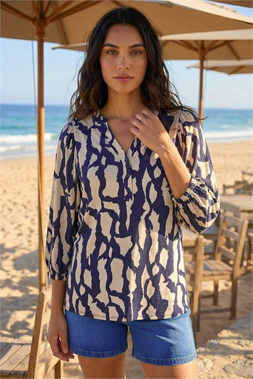 Blue Mono Abstract Print Top