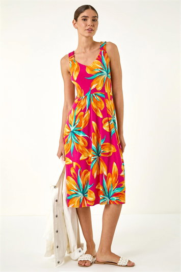 Pink Floral Print Shirred Back Midi Dress