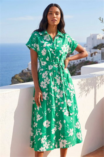 Green Floral Cotton Poplin Shirt Dress