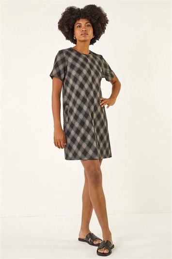 Grey Check Print T-Shirt Stretch Dress