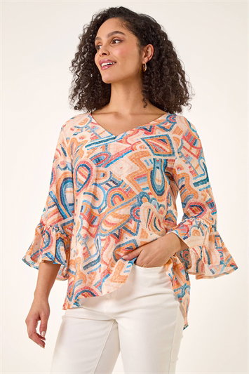 Orange Geometric Print Flute Sleeve Top