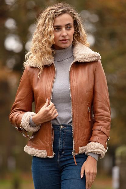 Black '2419' Ladies Leather Aviator Jacket With Faux Fur Lining