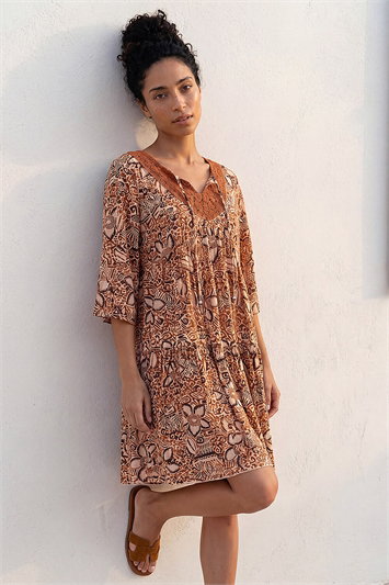 Abstract Print Trim Detail Tie Front Dress 14895889