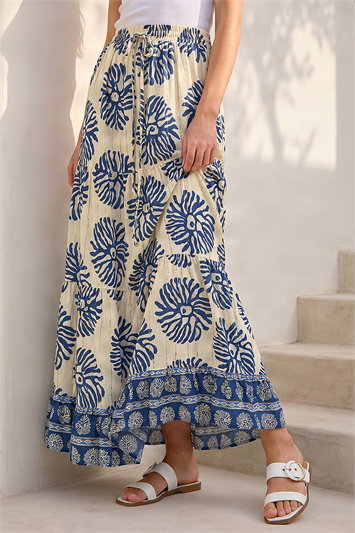 Blue Marine Print Tiered Maxi Skirt