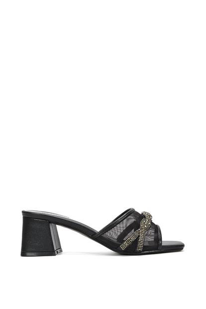 Black 'Senara' Backless Block Heel Sandals With Crystals And Mesh