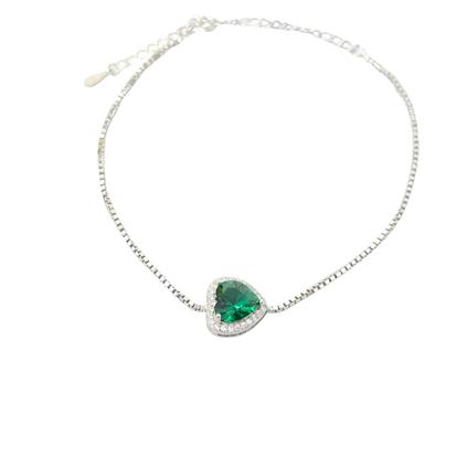 Metallic Emerald May Birthstone Love Heart Charm Sterling Silver Bracelet