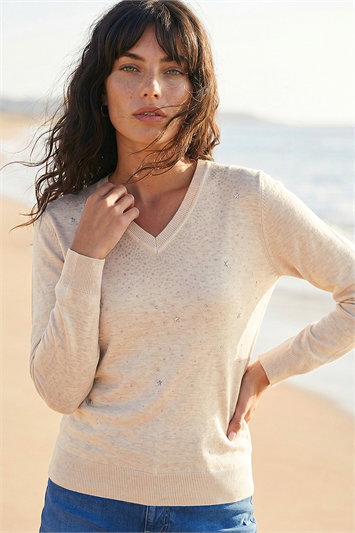 Cream V-Neck Star Hotfix Jumper