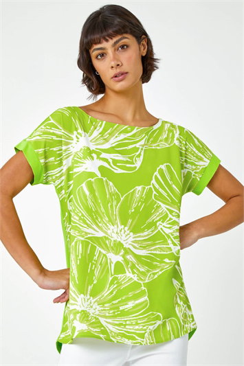 Linear Floral Print Stretch T-Shirt 19228449