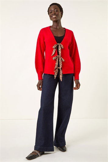 Red Animal Tie Front Knit Cardigan