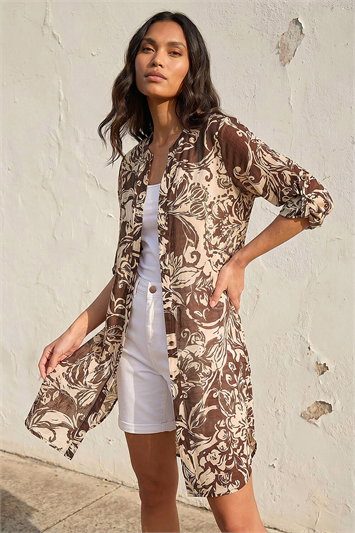 Brown Leaf Print Longline Button Blouse