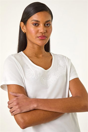 White Cotton Embroidery V-Neck T-Shirt
