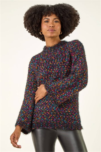 Black Fluffy Print Knit Jumper