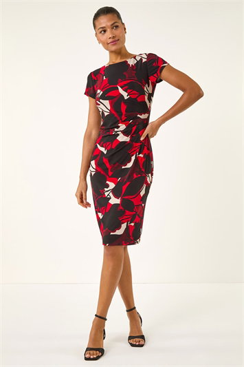 Red Leaf Print Gathered Shift Dress