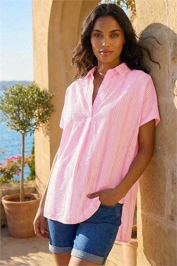 Pink Stripe Pleat Front Relaxed Overshirt