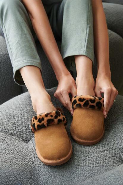 Brown "Bracken Leopard" Sheepskin And Suede Slippers