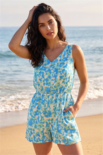 Blue Dusk Abstract V-Neck Playsuit