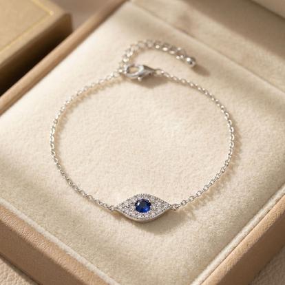 Metallic Minimalist Elegant Evil Eye Sterling Silver Bracelet