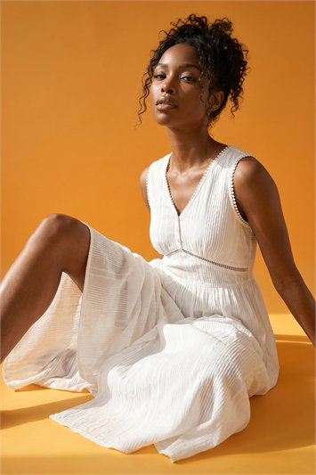 White Seersucker V-Neck Midi Dress