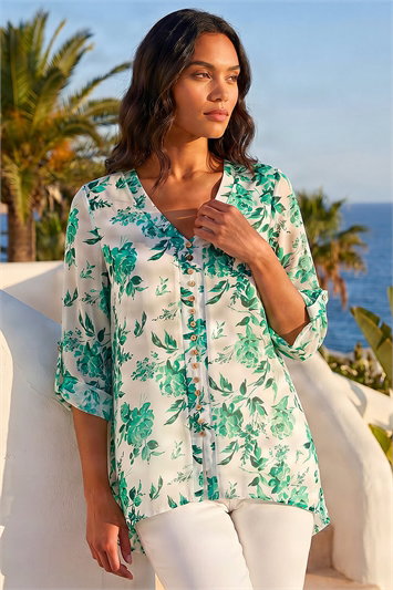 Green Floral Print V-Neck Button Front Top