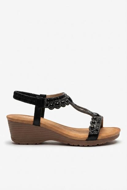 Black Emma Womens Embellished T-Bar Wedge Sandals