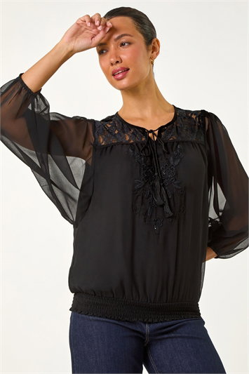 Black Embroidered Lace Shirred Hem Top