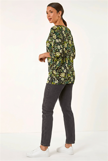 Green Floral Print Stretch Batwing Top