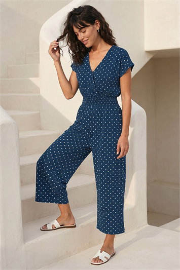 Blue Metallic Foil Print Stretch Jumpsuit