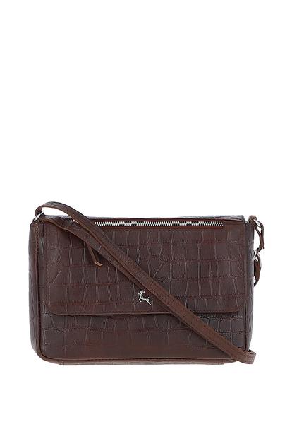 Black 'Valentina' Flap Over Croc Print Real Leather Shoulder Bag
