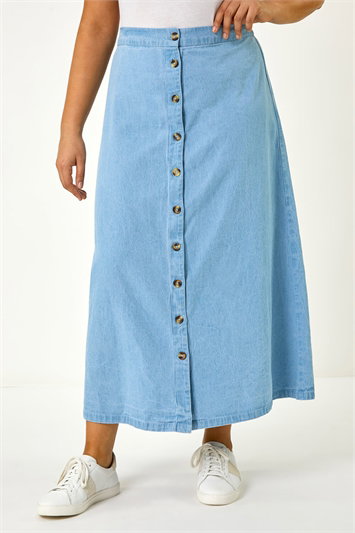 Blue Curve Button Through Denim Skirt