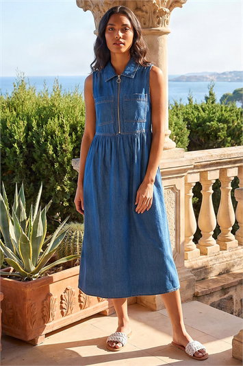 Collared Front Zip Midi Dress 14866629