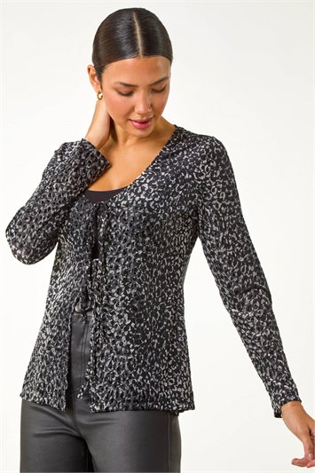 Grey Front Tie Velvet Animal Print Burnout Top