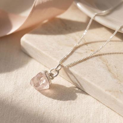 Metallic Raw Rose Quartz October Birthstone Sterling Silver Necklace