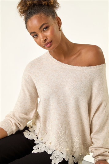 Cream Floral Lace Trim Knit Jumper