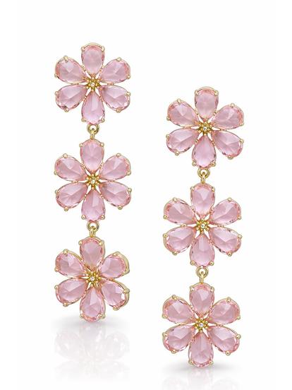 Pink Triple Floral Crystal Drop Earrings