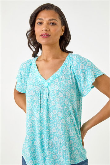 Blue Floral Print V-Neck Top