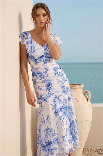 Blue Petite Floral Print Tiered Midi Dress