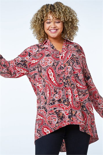 Red Curve Paisley Print Chiffon Shirt
