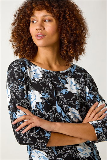 Blue Floral Print Side Tie Stretch Top
