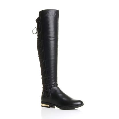 Black Elastic Tie Up Riding Knee High Boots