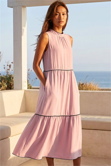 Pink Tiered Swing Midi Dress