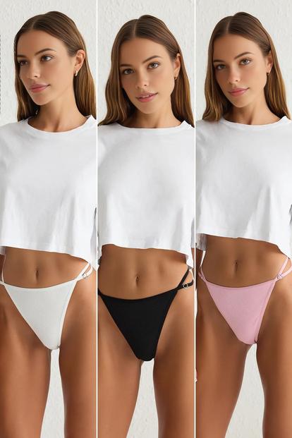 Multi 3 Pack Ribbed Knitted Thong Briefs With Side Strap Detail