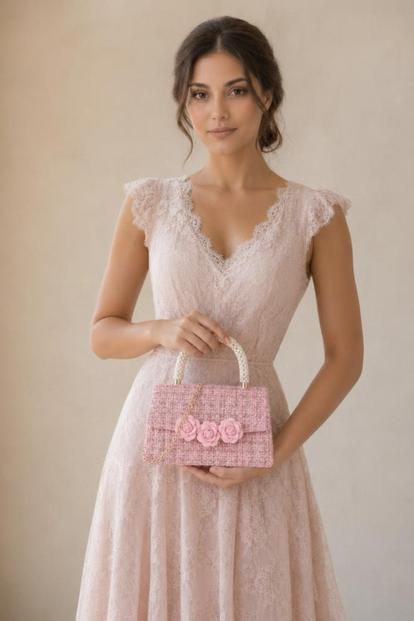 Pink Tweed Top-Handle Handbag With Pearl Handle And Floral Appliqué