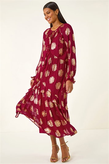 Red Frill Brocade Midi Dress