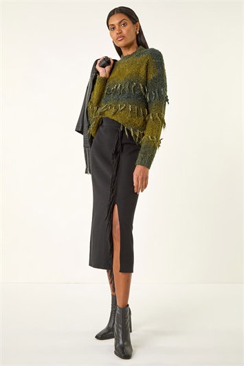 Fringe Side Knit Midi Pencil Skirt 17070008
