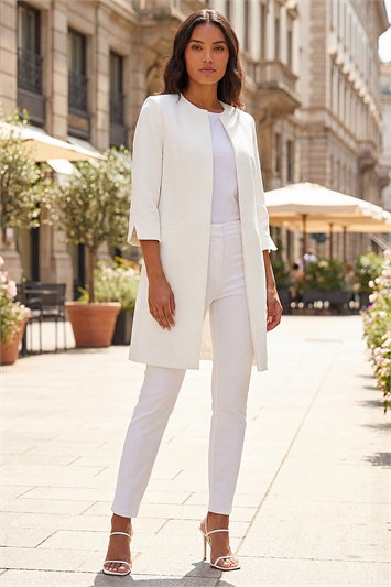 White 3/4 Sleeve Textured Longline Jacket