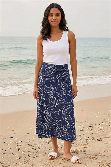 Blue Paisley Daisy Print Stretch Skirt
