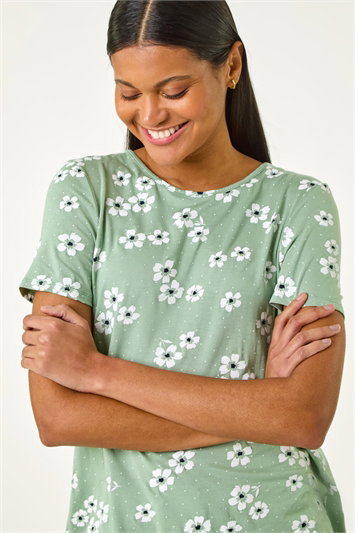 Green Floral Spot Print Tunic Top